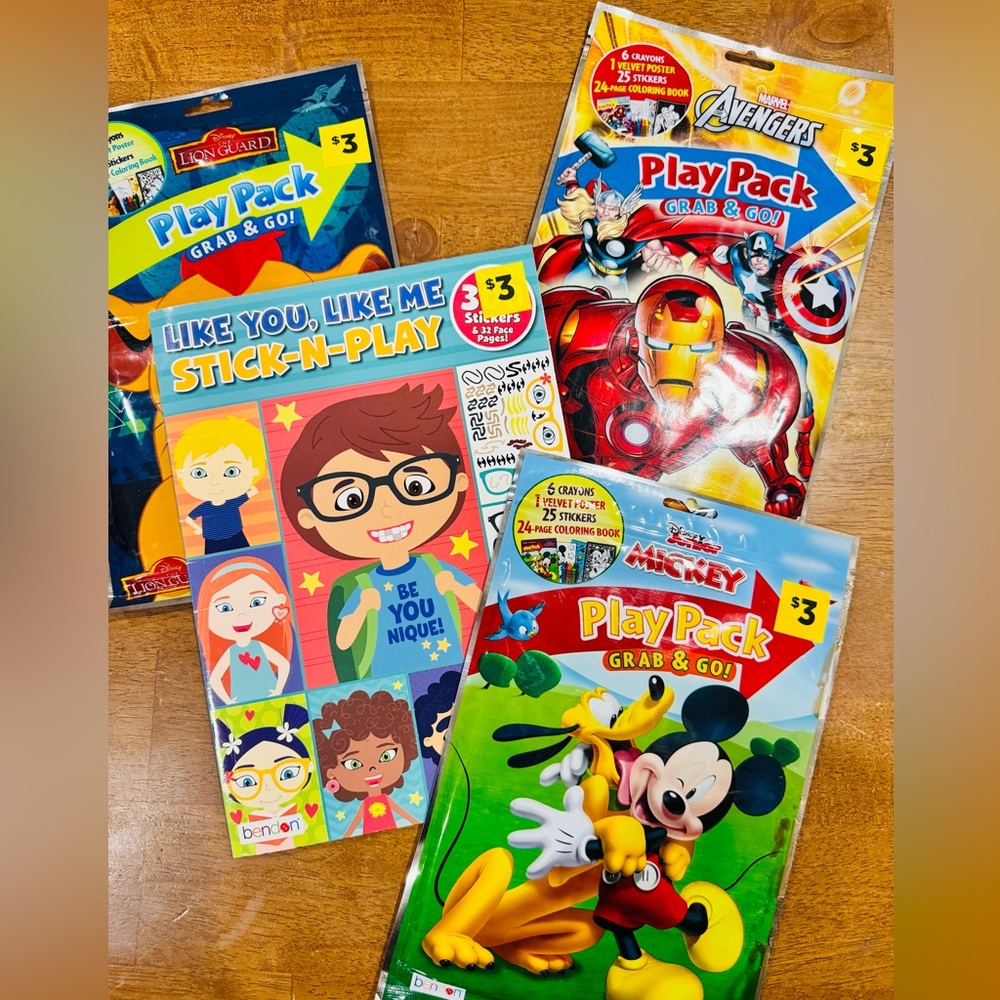 Kids Play Packs Grab and Go Stickers and Activity Packs and Book Lot of 4 New
